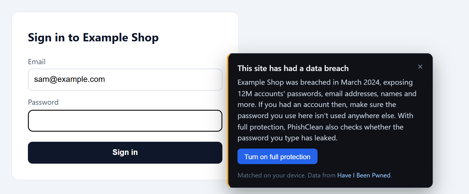A PhishClean note beside a sign-in form: this site has had a data breach. Example Shop was breached in March 2024, exposing 12M accounts' passwords, email addresses, names and more.