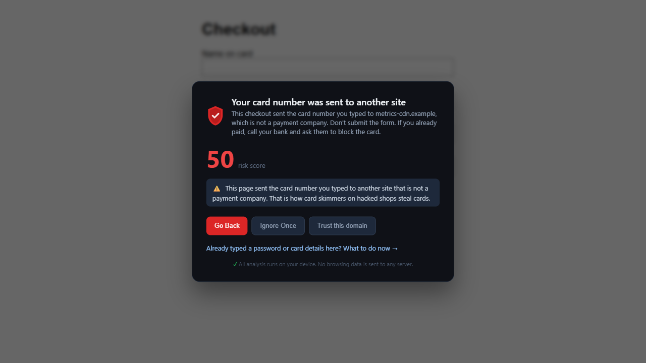 PhishClean warning titled Your card number was sent to another site: this checkout sent the card number you typed to metrics-cdn.example, which is not a payment company.