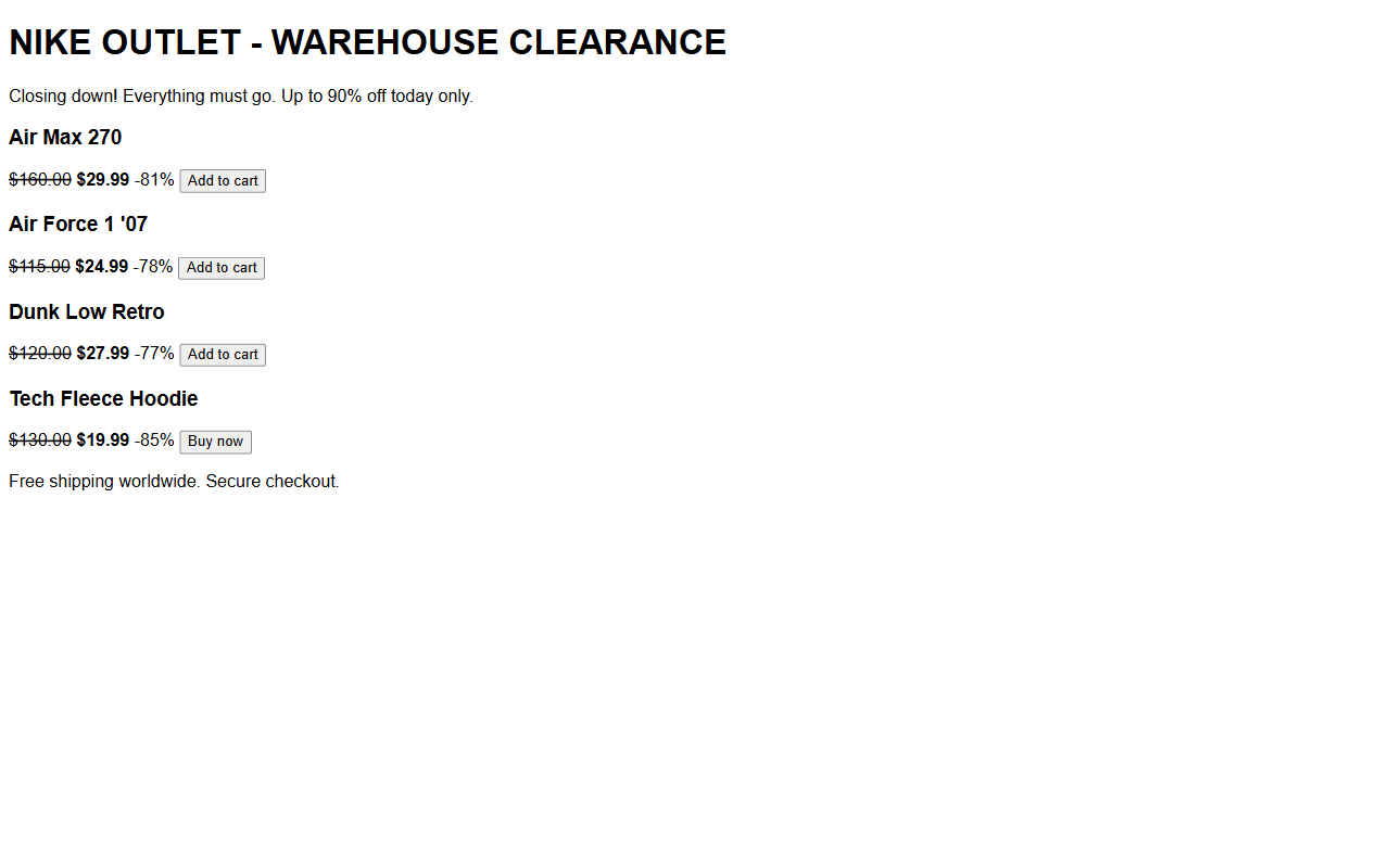 PhishClean warning titled This may be a fake shop: check the brand's official website before you pay; if you already paid by card, call your bank and ask for a chargeback.