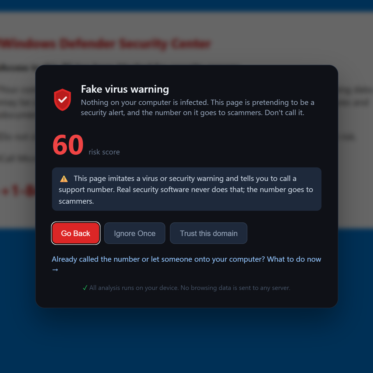 PhishClean warning titled Fake virus warning: nothing on your computer is infected; this page is pretending to be a security alert, and the number on it goes to scammers. Don't call it.