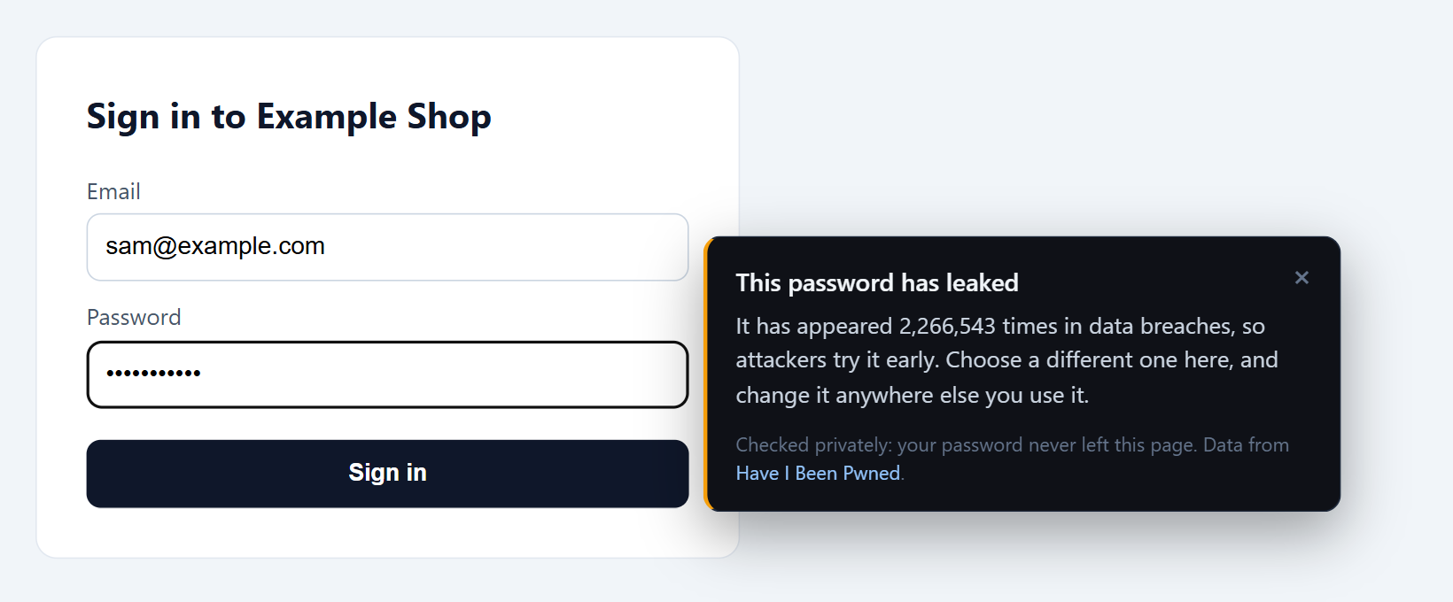 A PhishClean note beside a password field: this password has leaked. It has appeared 2,266,543 times in data breaches.