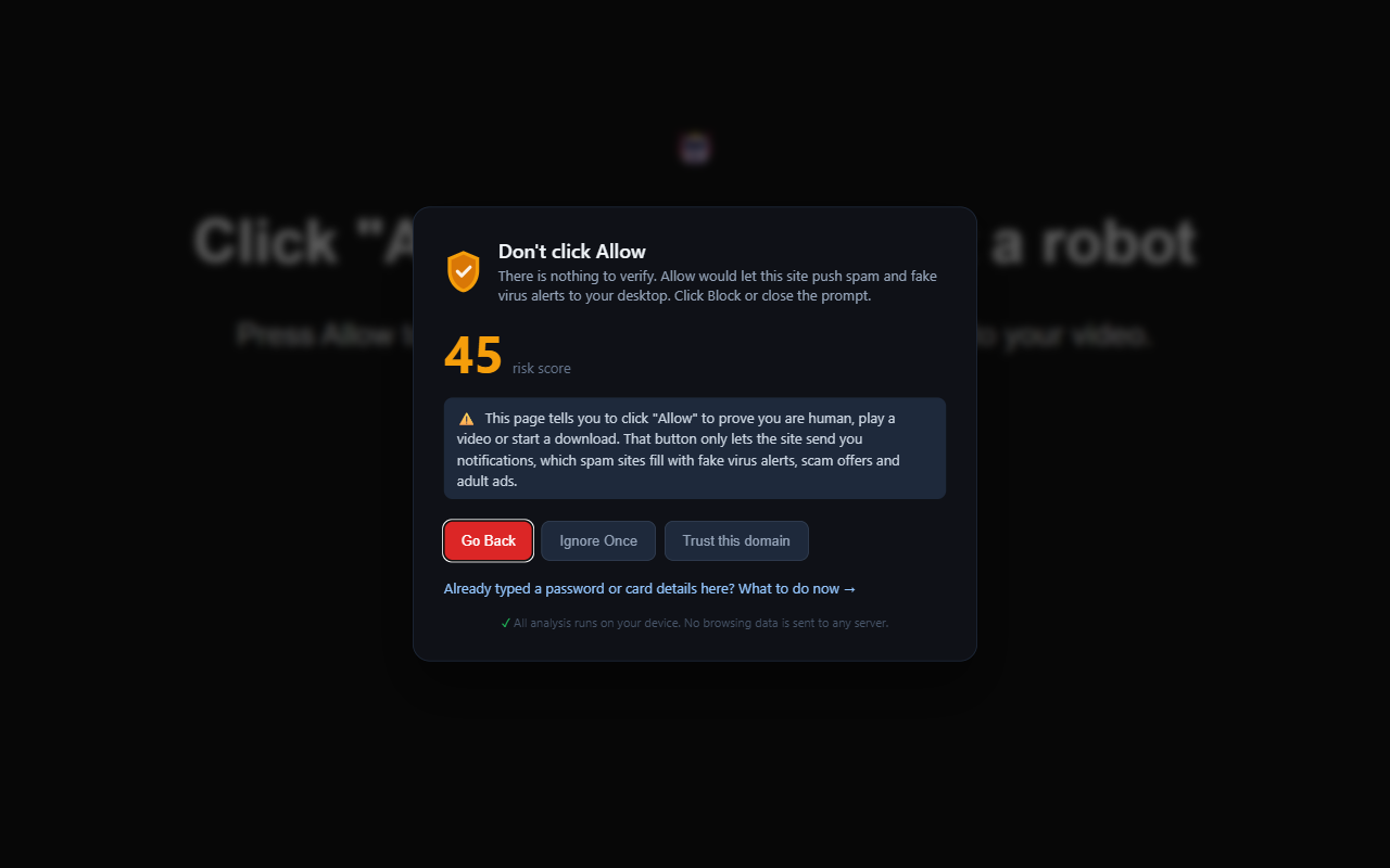 PhishClean warning titled Don't click Allow: there is nothing to verify; Allow would let this site push spam and fake virus alerts to your desktop. Click Block or close the prompt.